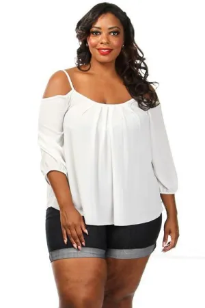 Plus Size Pleated Cold Shoulder Blouse
