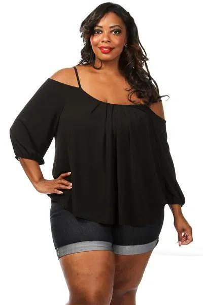 Plus Size Pleated Cold Shoulder Blouse