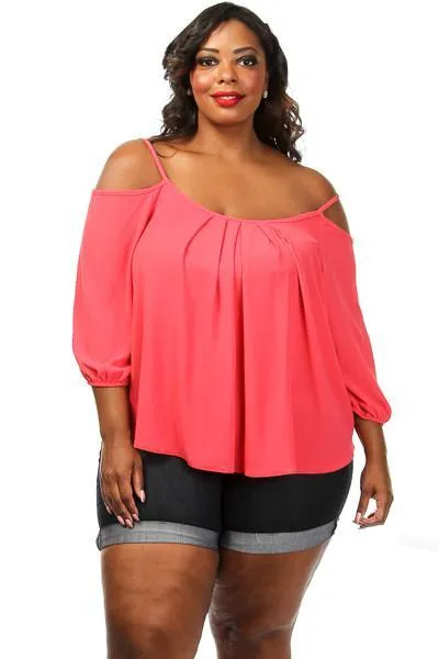 Plus Size Pleated Cold Shoulder Blouse