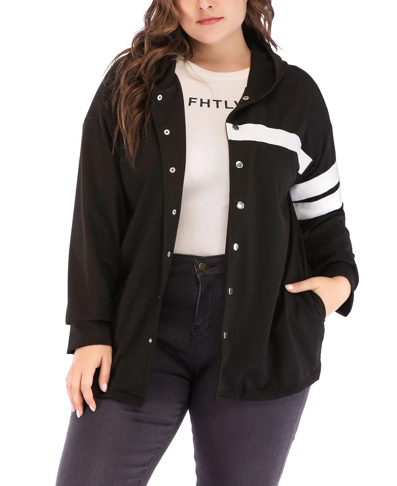 Plus Size Single-breasted Hooded Jacket