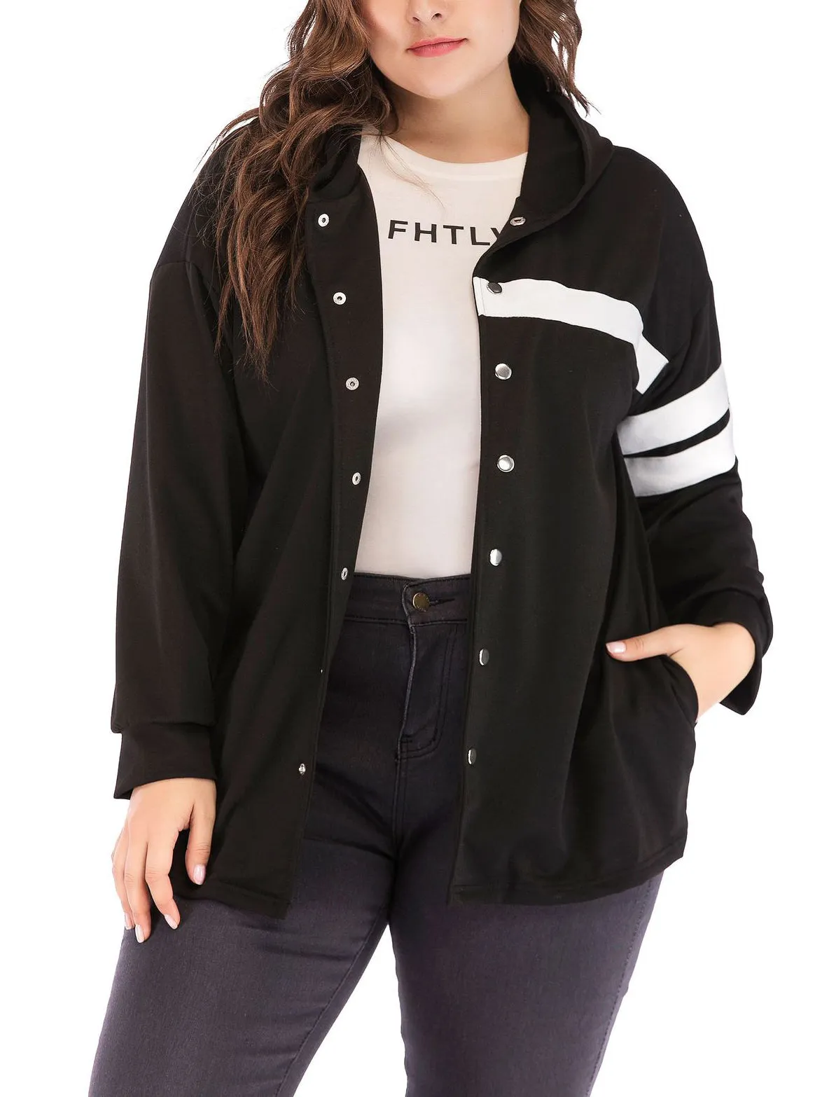 Plus Size Single-breasted Hooded Jacket