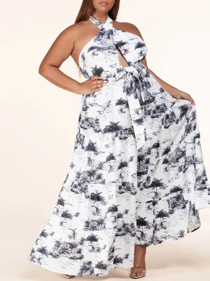 PLUS SIZE SLEEVELES NECK TIE OPEN BACK FLORAL MAXI DRESS