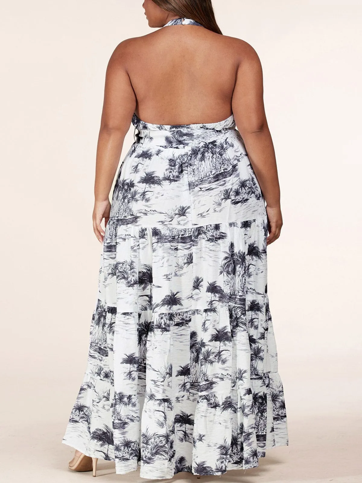 PLUS SIZE SLEEVELES NECK TIE OPEN BACK FLORAL MAXI DRESS
