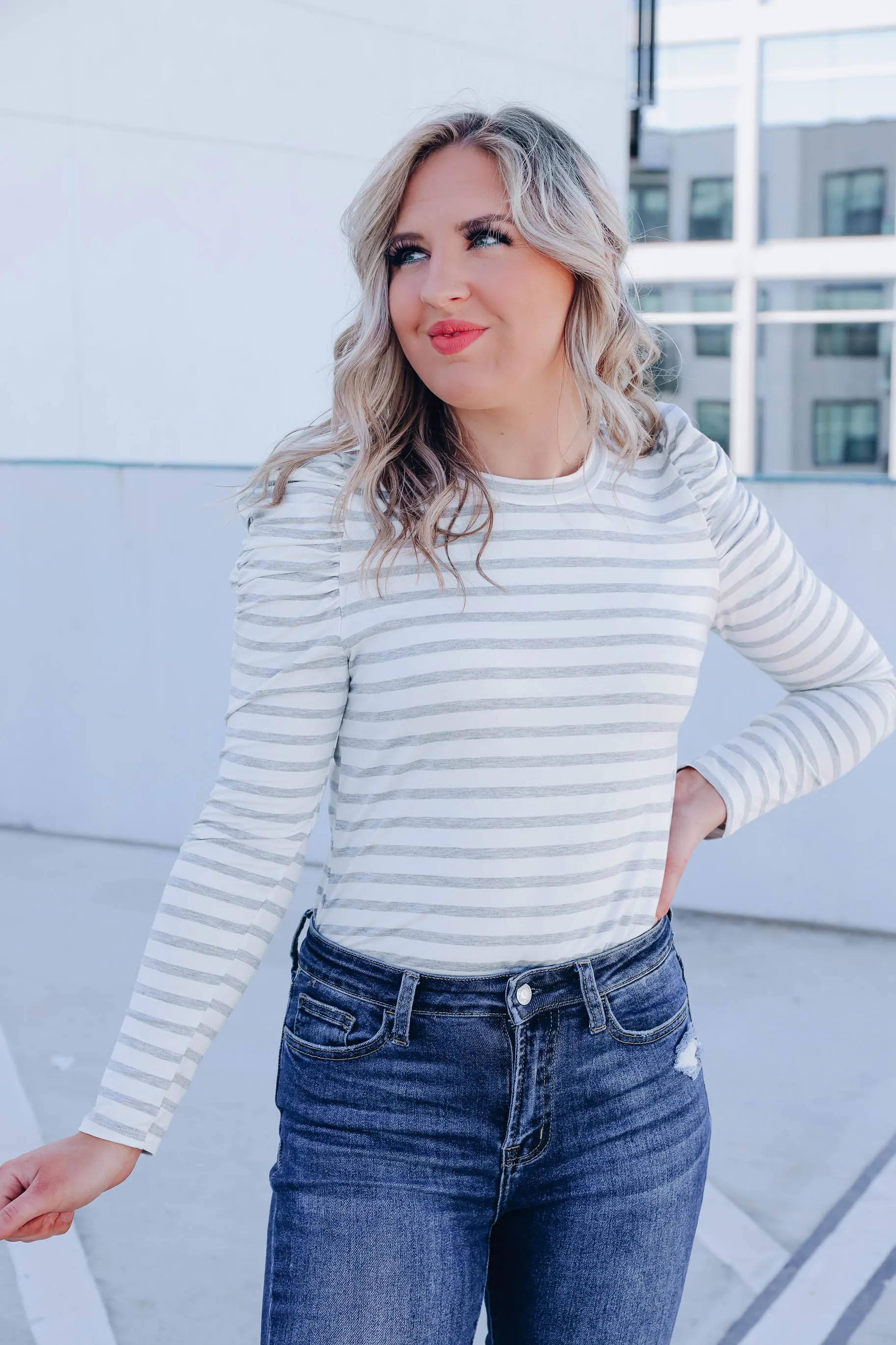 Poised Puff Shoulder Top - White/H. Grey - WHS
