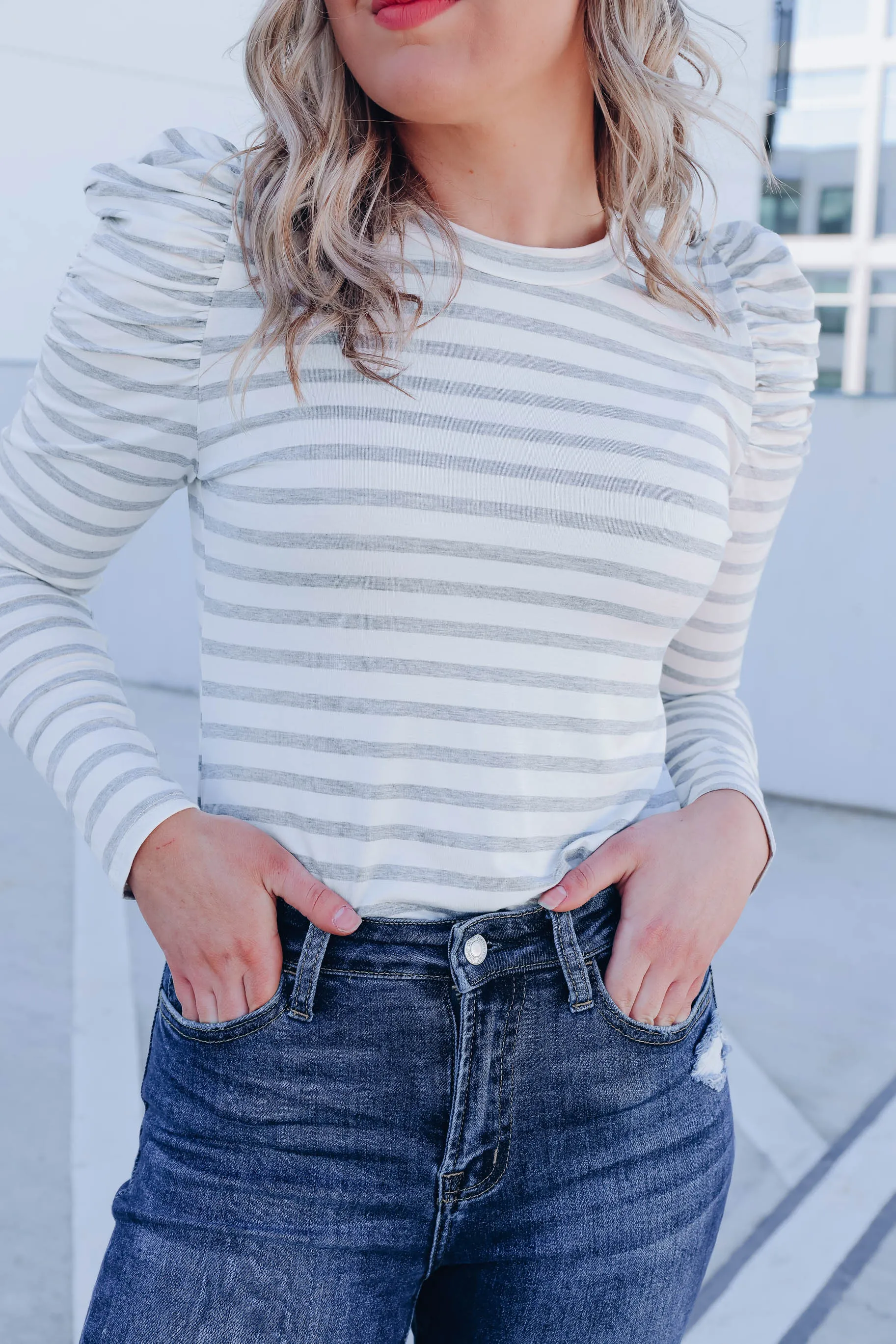 Poised Puff Shoulder Top - White/H. Grey - WHS