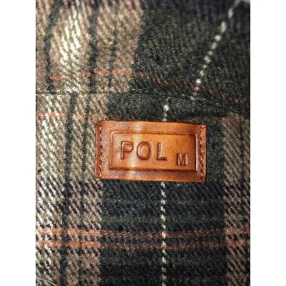 POL Plaid Button Up Jacket Size M Frayed Distressed Hem Green Flannel Pockets
