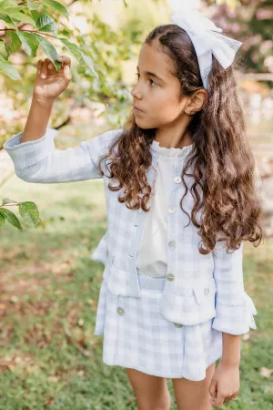 PREORDER "Martha" Baby Blue Gingham Knit Cardigan, Blouse & Skort