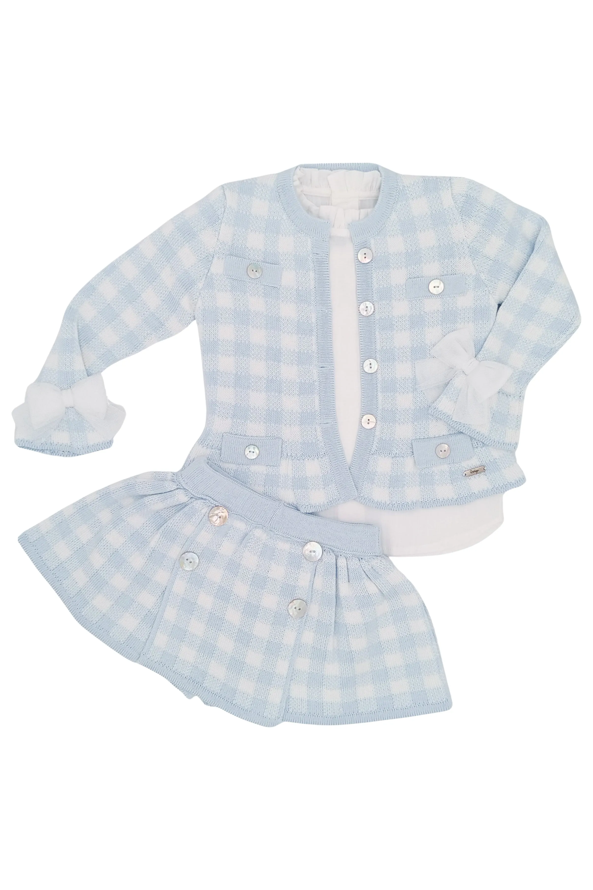 PREORDER "Martha" Baby Blue Gingham Knit Cardigan, Blouse & Skort