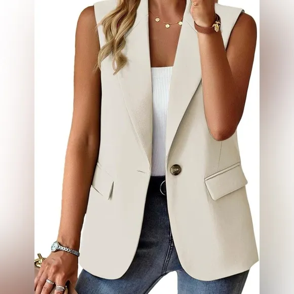 PRETTY GARDEN Tuxedo Blazer Peak Lapel Single Button Sleeveless Ivory