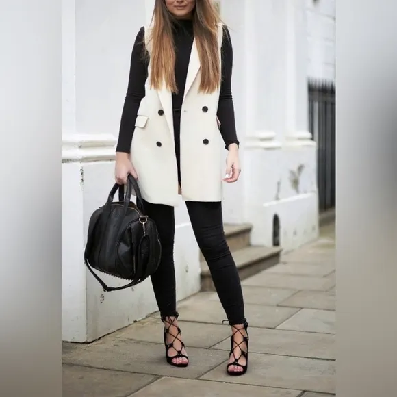 PRETTY GARDEN Tuxedo Blazer Peak Lapel Single Button Sleeveless Ivory