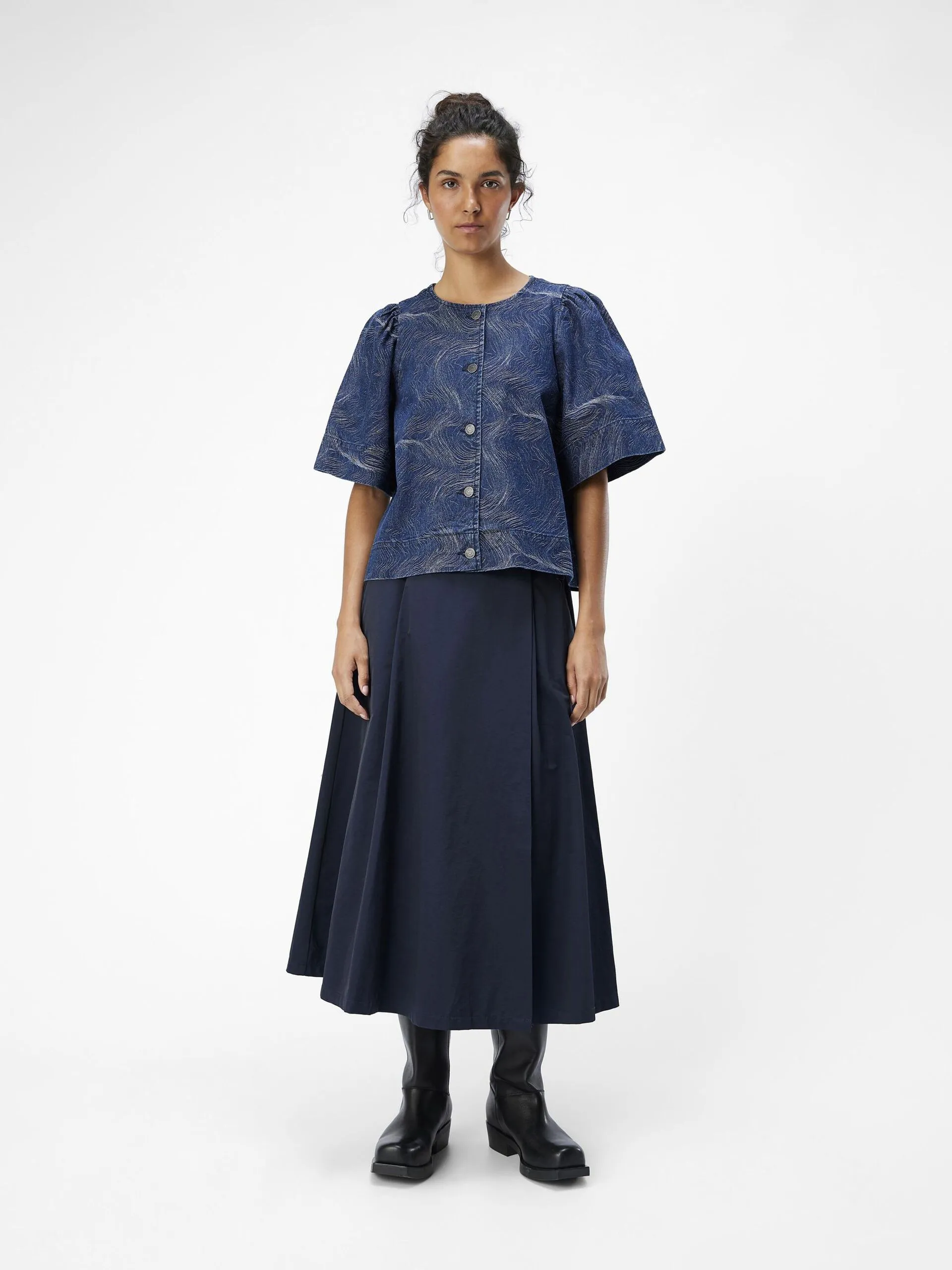 Printed Dark Blue Denim Shirt