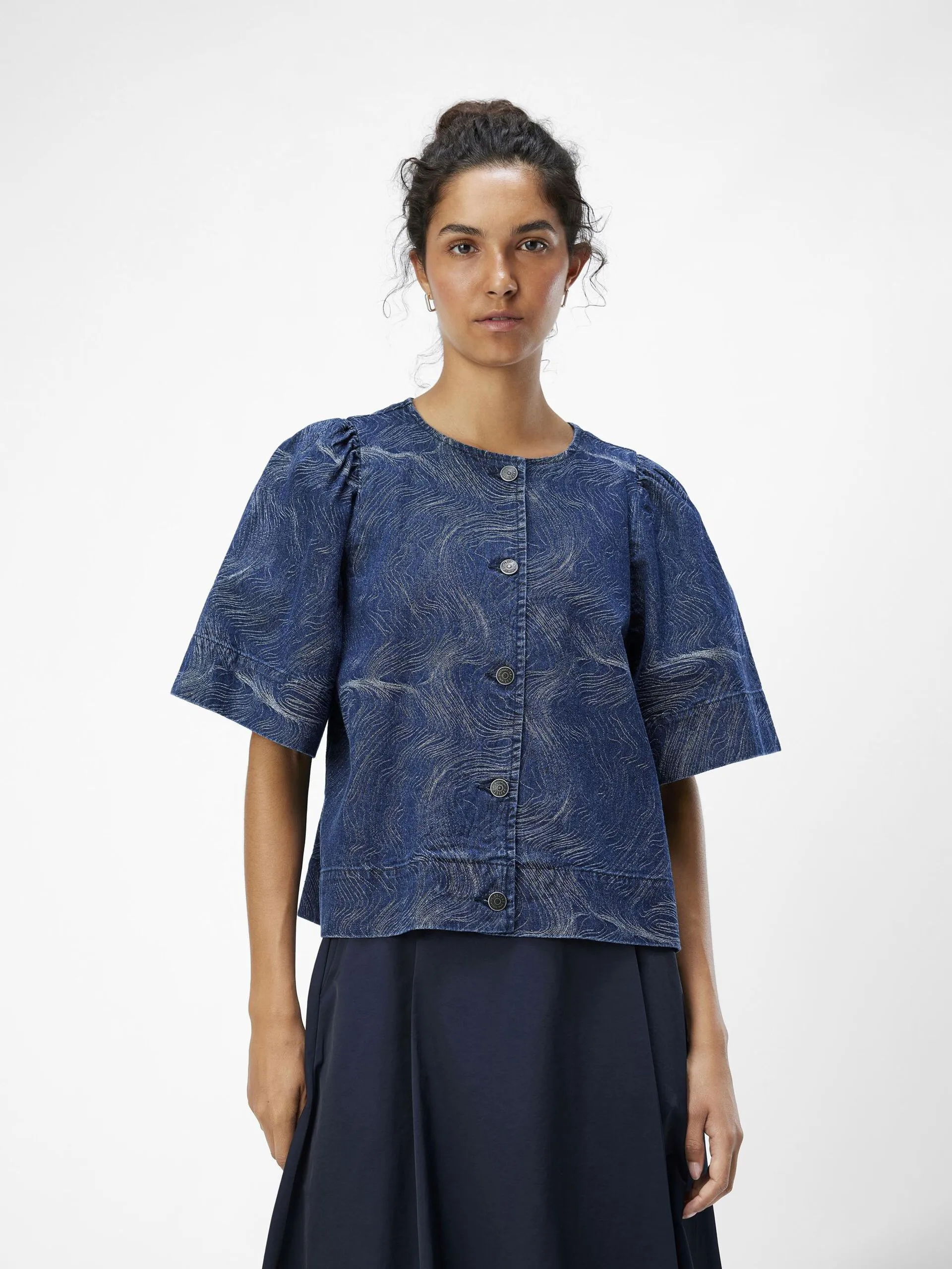 Printed Dark Blue Denim Shirt