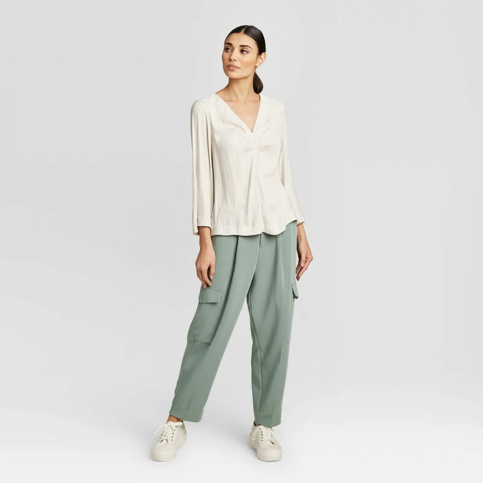 Prologue Women's 3/4 Sleeve Pleated V-Neck Blouse