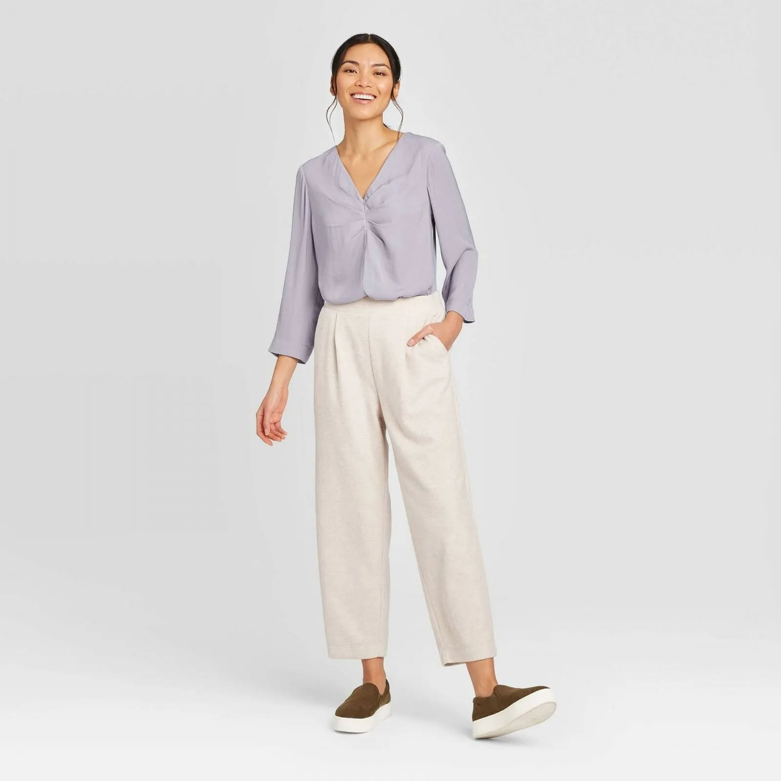 Prologue Women's 3/4 Sleeve Pleated V-Neck Blouse