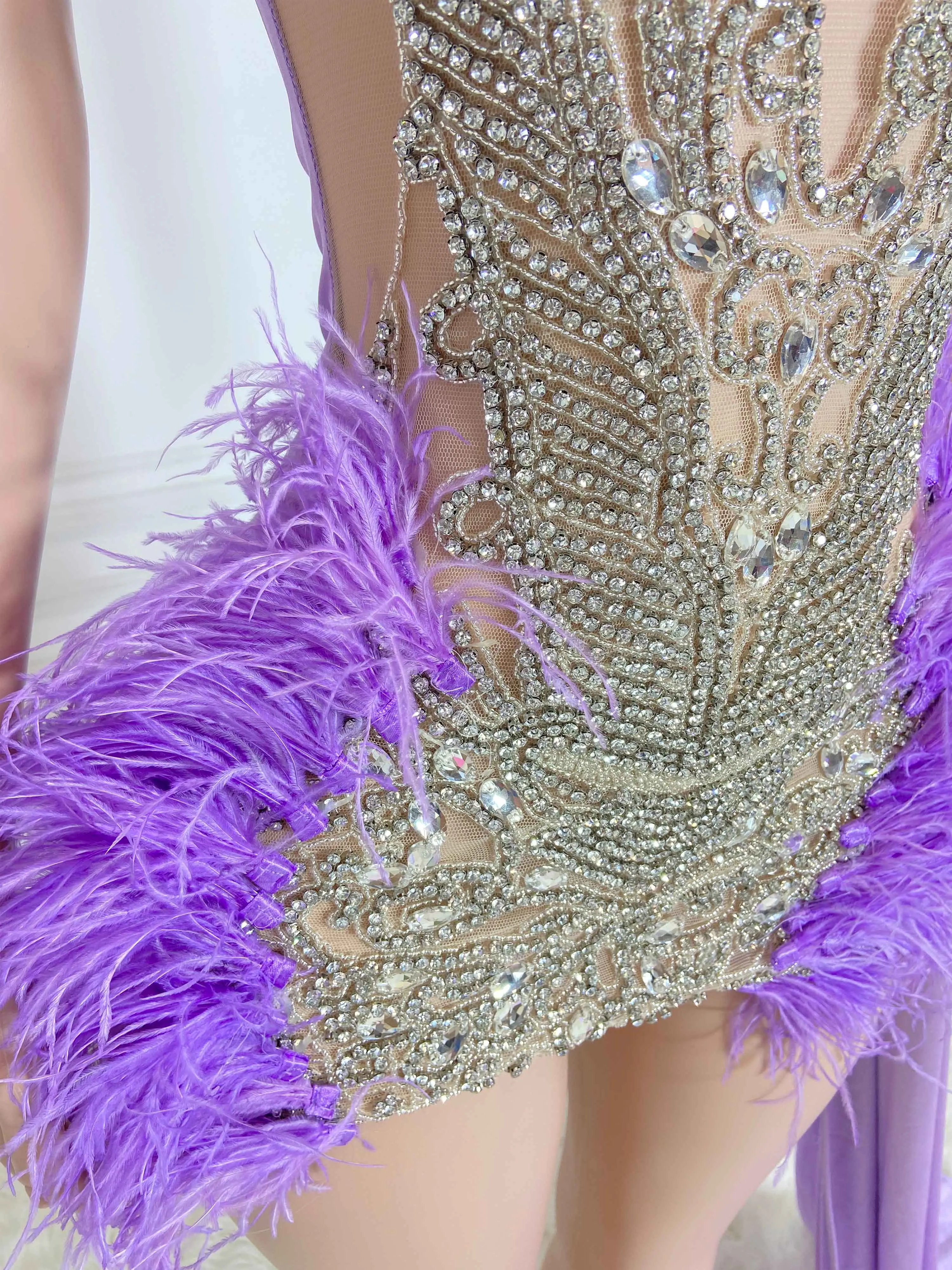 Purple Ostrich Fur and Drape Sleeveless Mini Dress