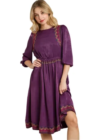 Purple Satin Round Neck Embroidery Midi Dress