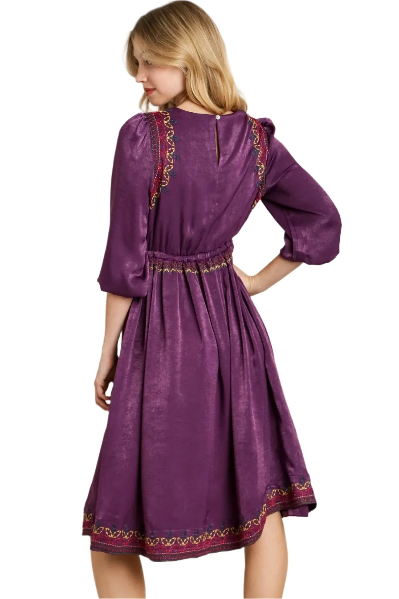 Purple Satin Round Neck Embroidery Midi Dress