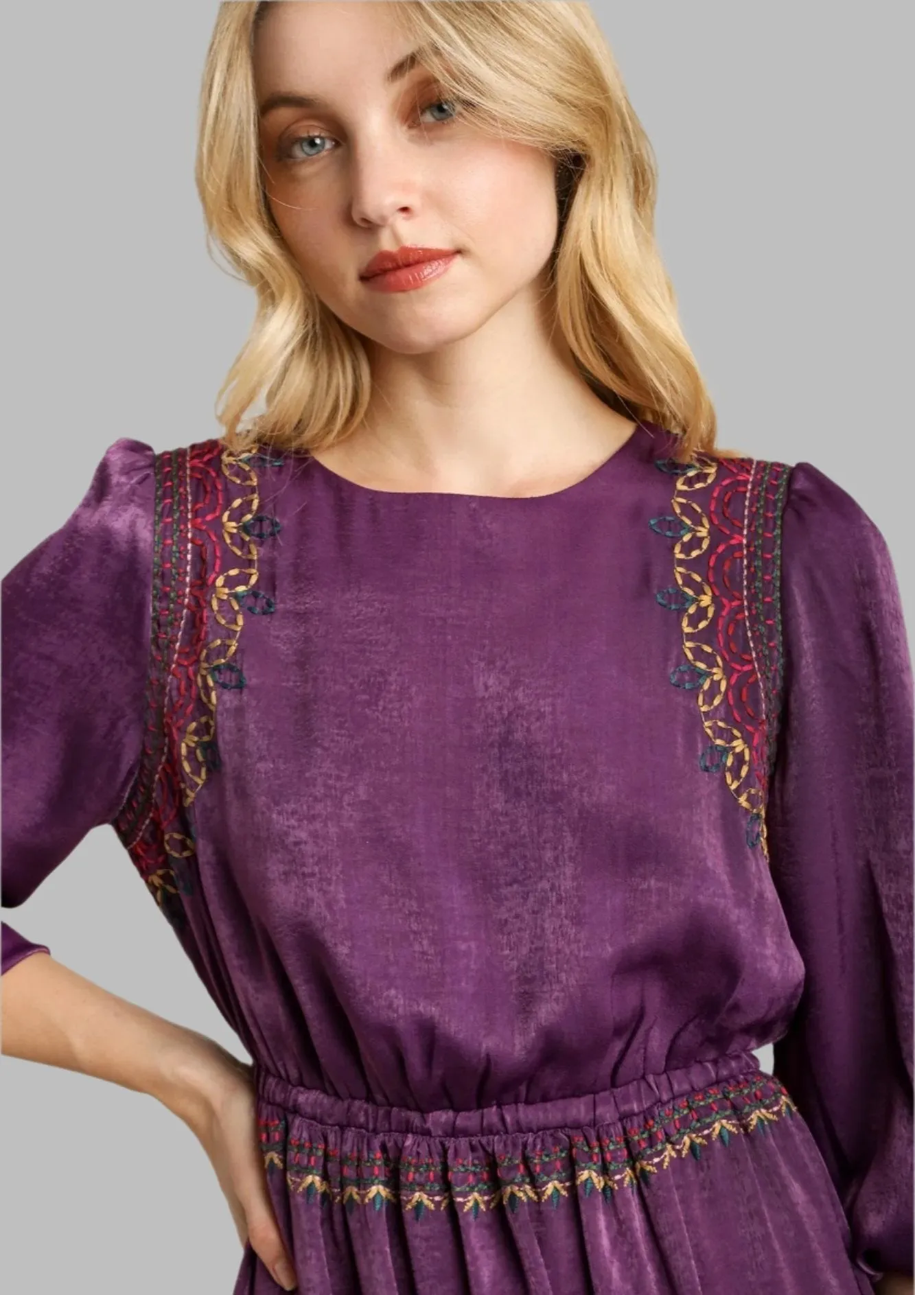 Purple Satin Round Neck Embroidery Midi Dress