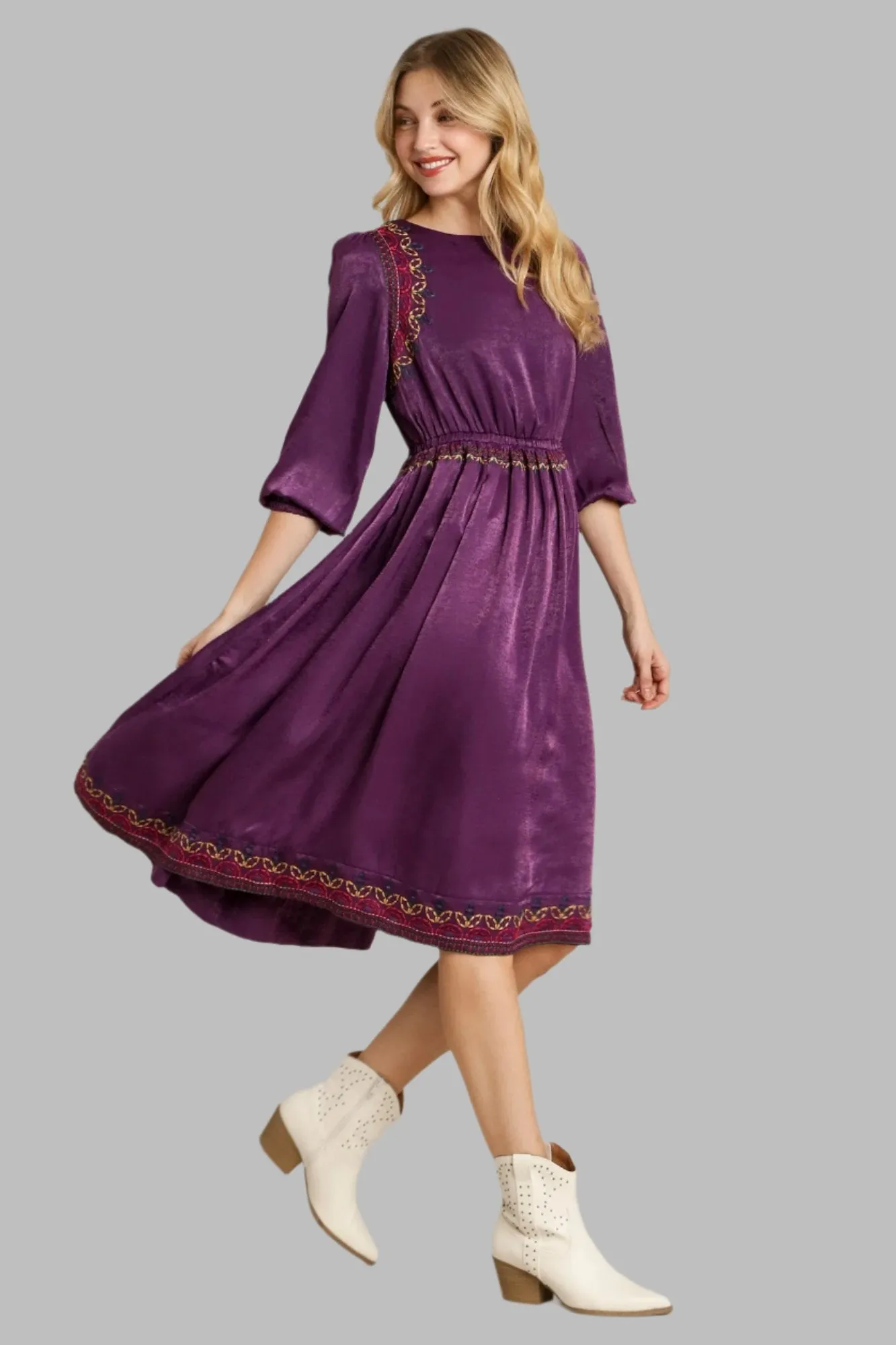 Purple Satin Round Neck Embroidery Midi Dress
