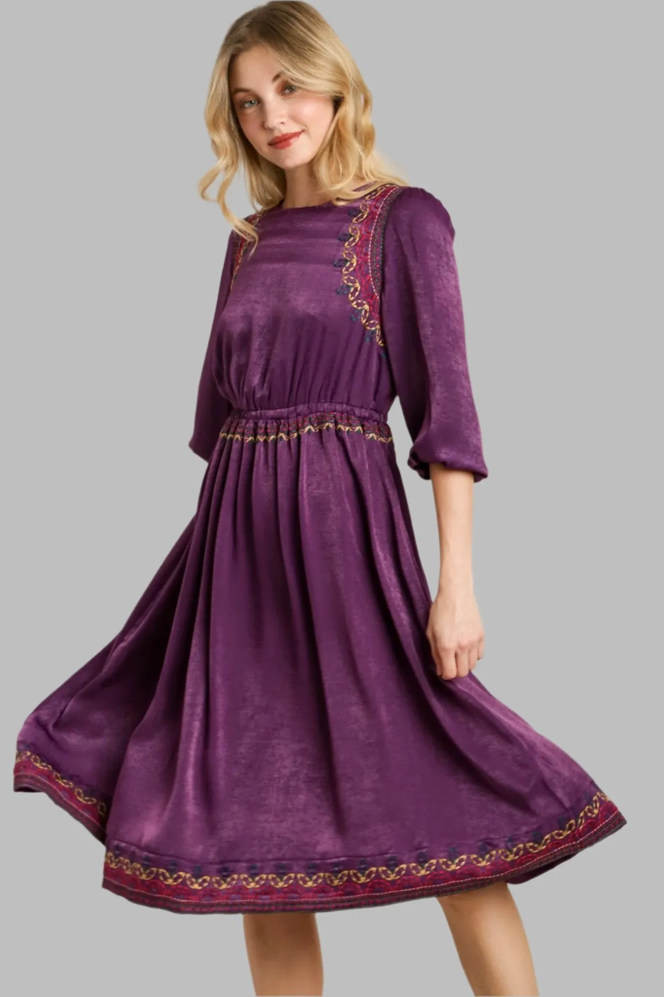 Purple Satin Round Neck Embroidery Midi Dress
