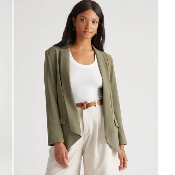 QUINCE Stretch Crepe Open Blazer Shawl Collar Olive Green Tailored Medium NEW
