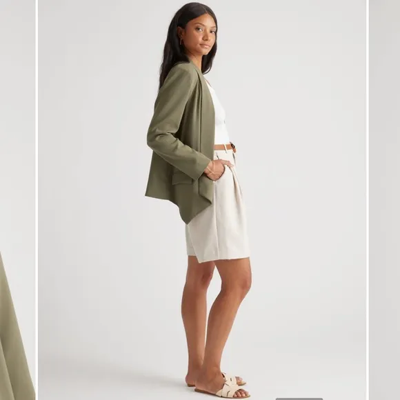QUINCE Stretch Crepe Open Blazer Shawl Collar Olive Green Tailored Medium NEW