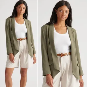 QUINCE Stretch Crepe Open Blazer Shawl Collar Olive Green Tailored Medium NEW