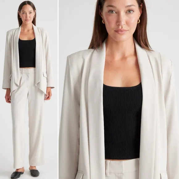 QUINCE Stretch Crepe Open Blazer Shawl CollarSand Cream Tailored Sz Medium NEW