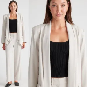 QUINCE Stretch Crepe Open Blazer Shawl CollarSand Cream Tailored Sz Medium NEW