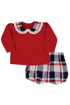 "Erin" Red Blouse & Navy Tartan Bloomers