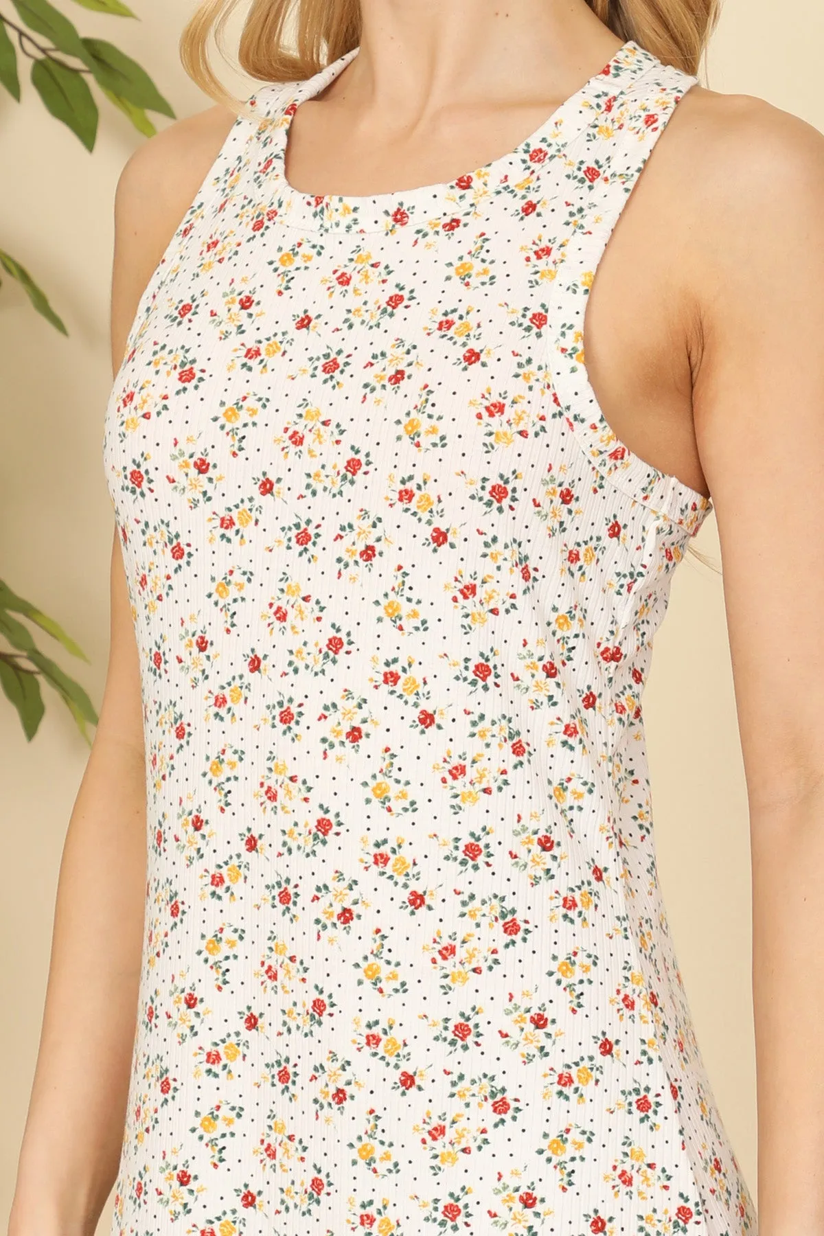 Racerback Round Neck Floral Print Mini Dress