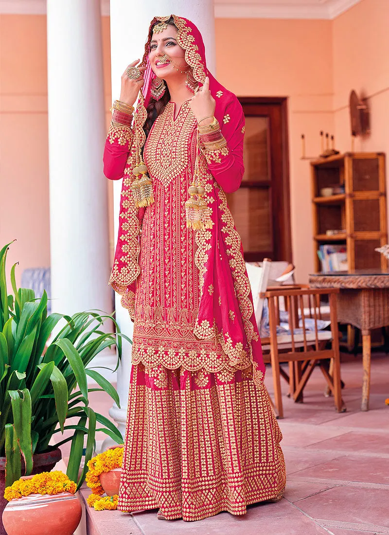 Rani Pink Golden Embroidered Sharara Suit