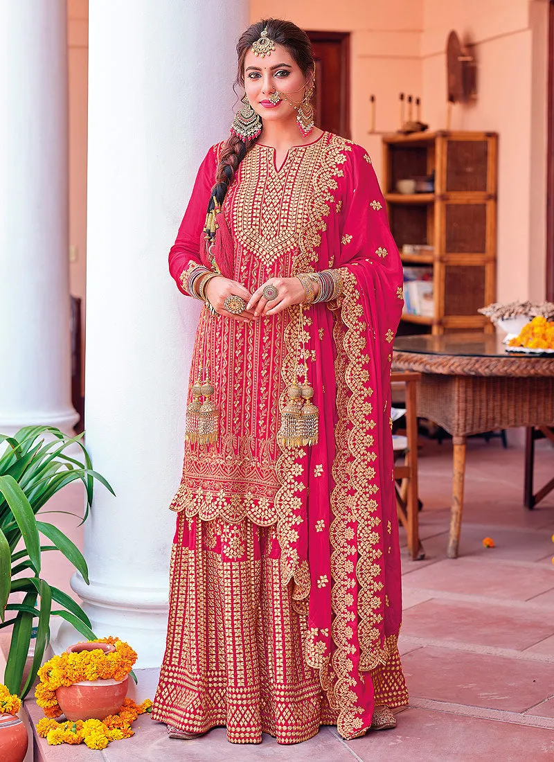 Rani Pink Golden Embroidered Sharara Suit