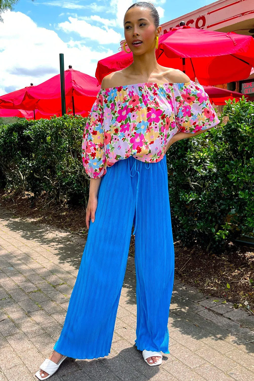 Red Floral Puff Sleeve Pleated Elastic Neckline Blouse