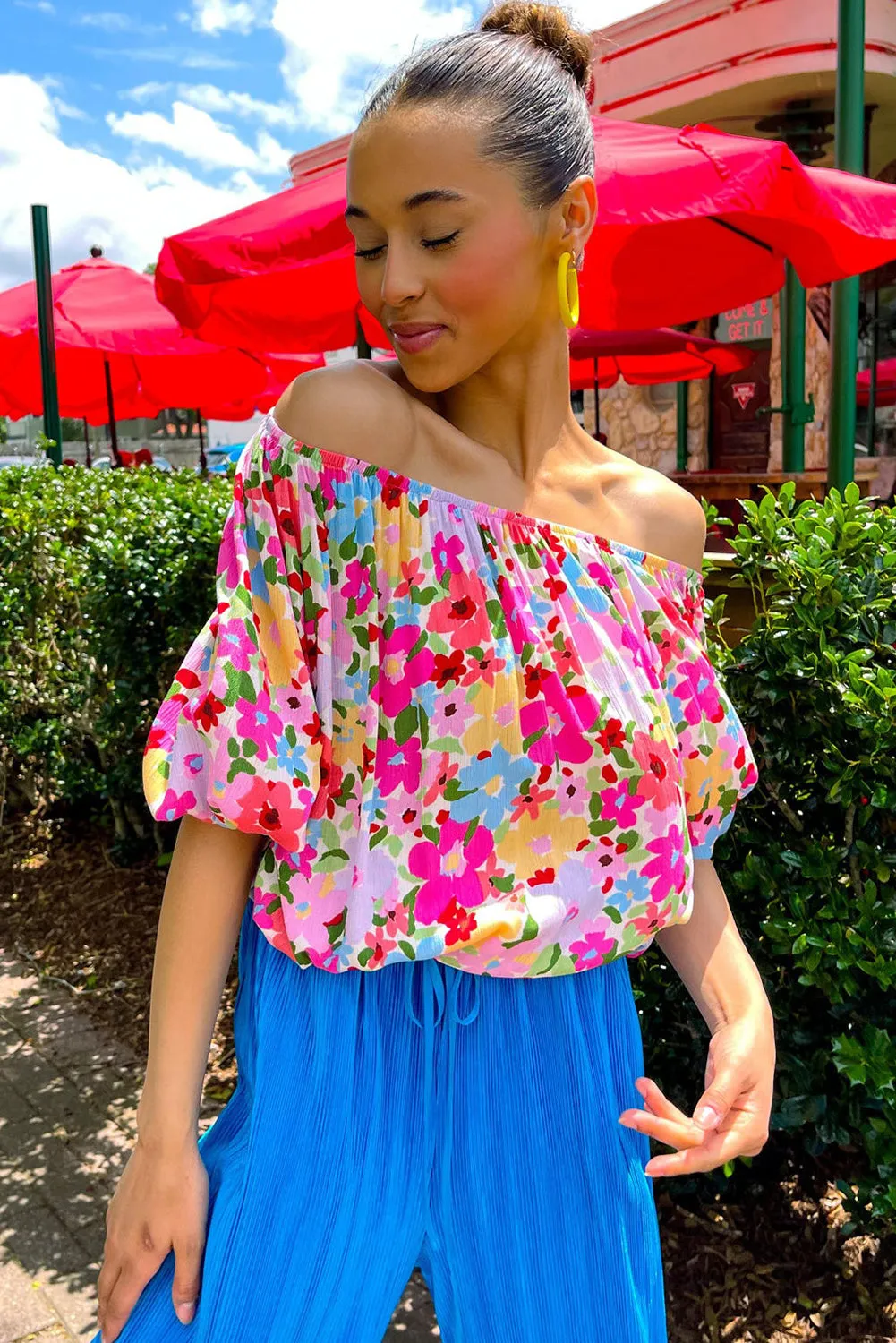 Red Floral Puff Sleeve Pleated Elastic Neckline Blouse
