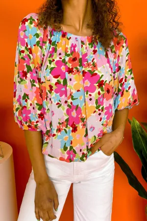 Red Floral Puff Sleeve Pleated Elastic Neckline Blouse