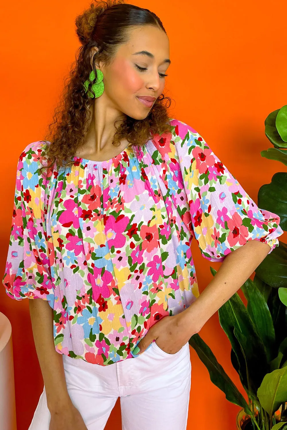 Red Floral Puff Sleeve Pleated Elastic Neckline Blouse