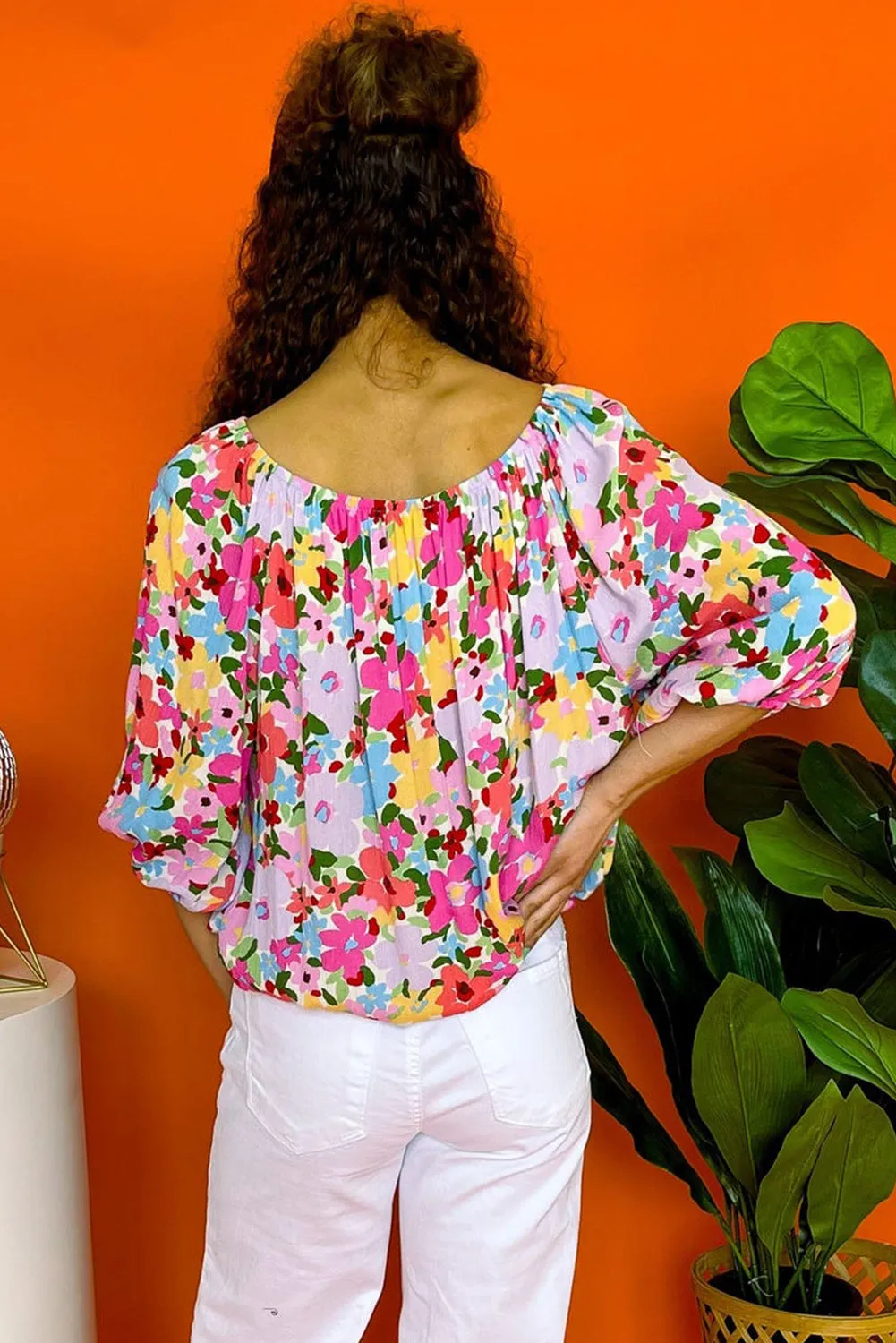 Red Floral Puff Sleeve Pleated Elastic Neckline Blouse