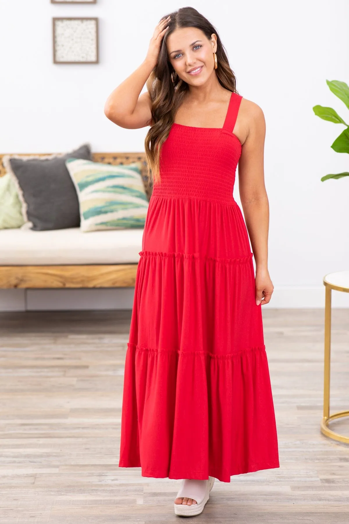Red Smocked Bodice Skirt Tiered Midi Dress