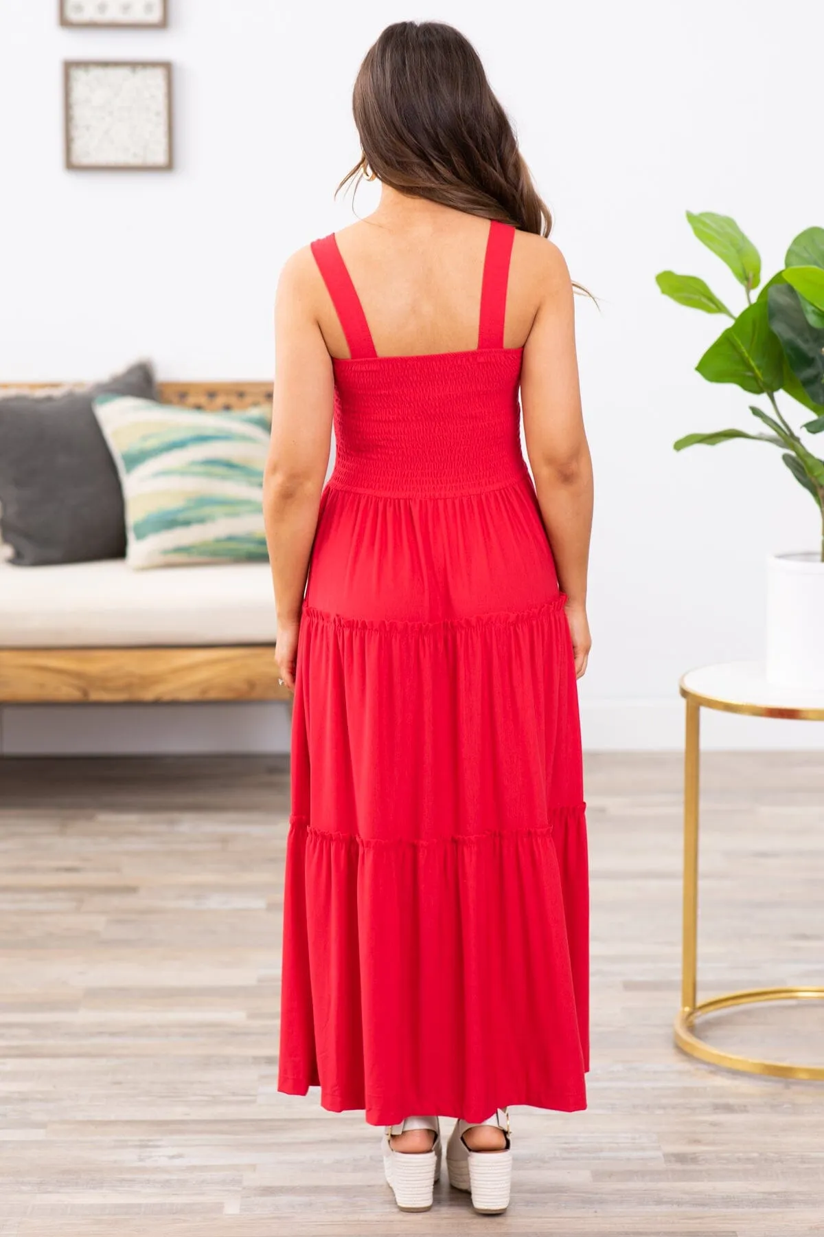 Red Smocked Bodice Skirt Tiered Midi Dress