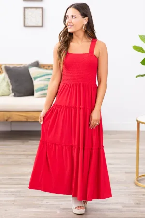Red Smocked Bodice Skirt Tiered Midi Dress
