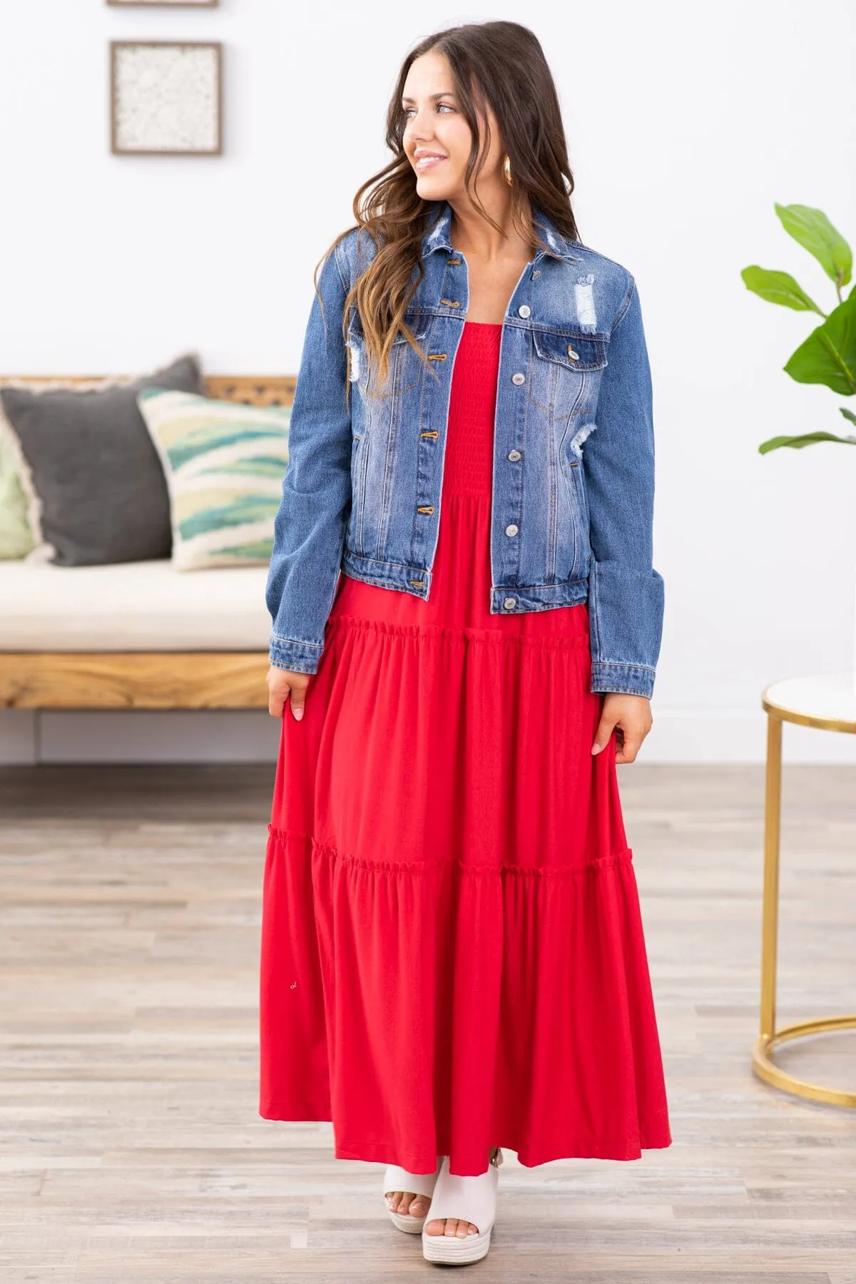 Red Smocked Bodice Skirt Tiered Midi Dress