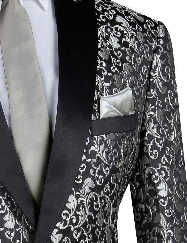 Regular Fit Floral Pattern Jacket Peak Lapel (Silver) BF-2