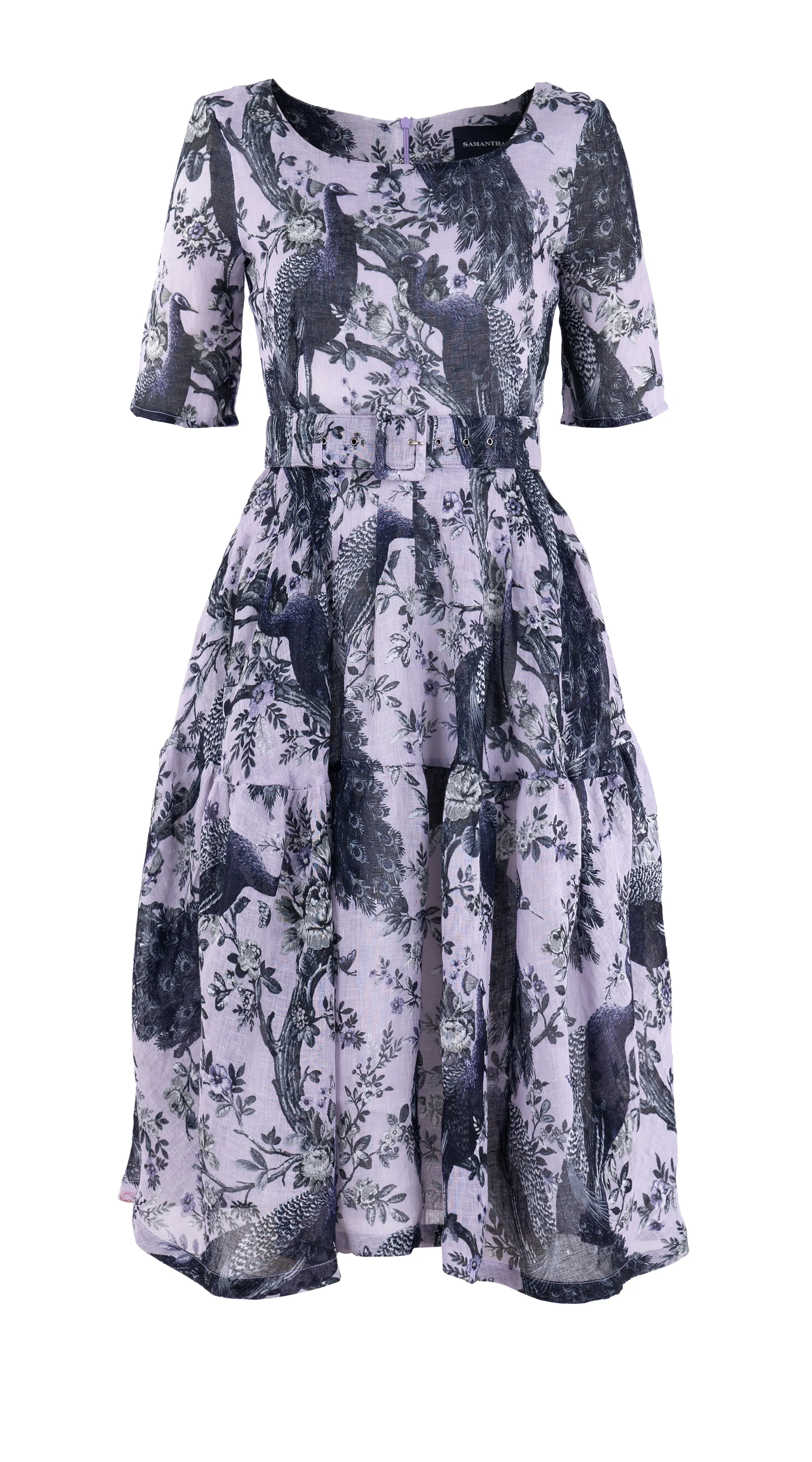 Rose Dress Boat Neck 1/2 Sleeve Long  3 Length Linen (Belvedere Peacok)