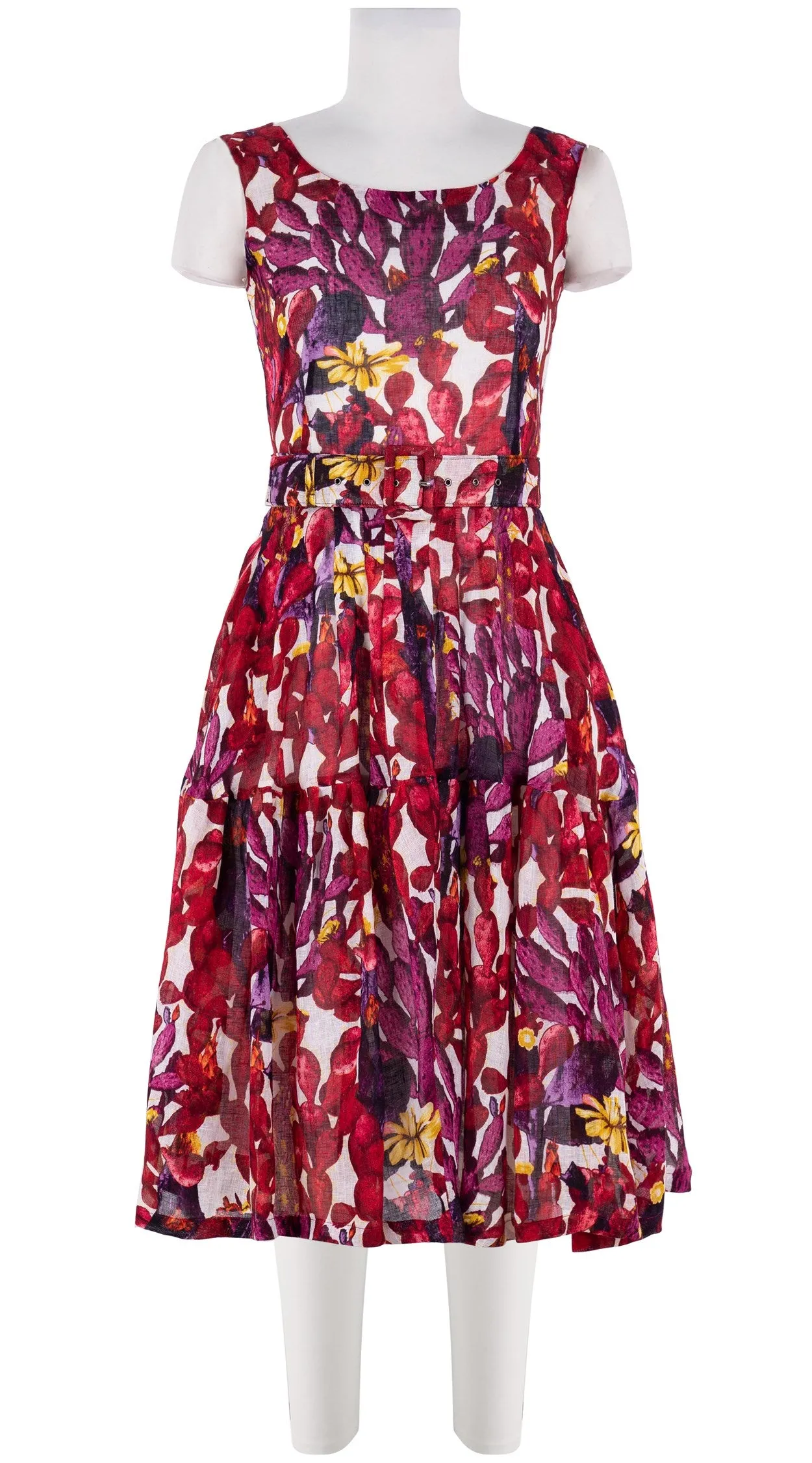 Rose Dress Boat Neck Sleeveless Long Length Linen (Cactus Paradise Bright)