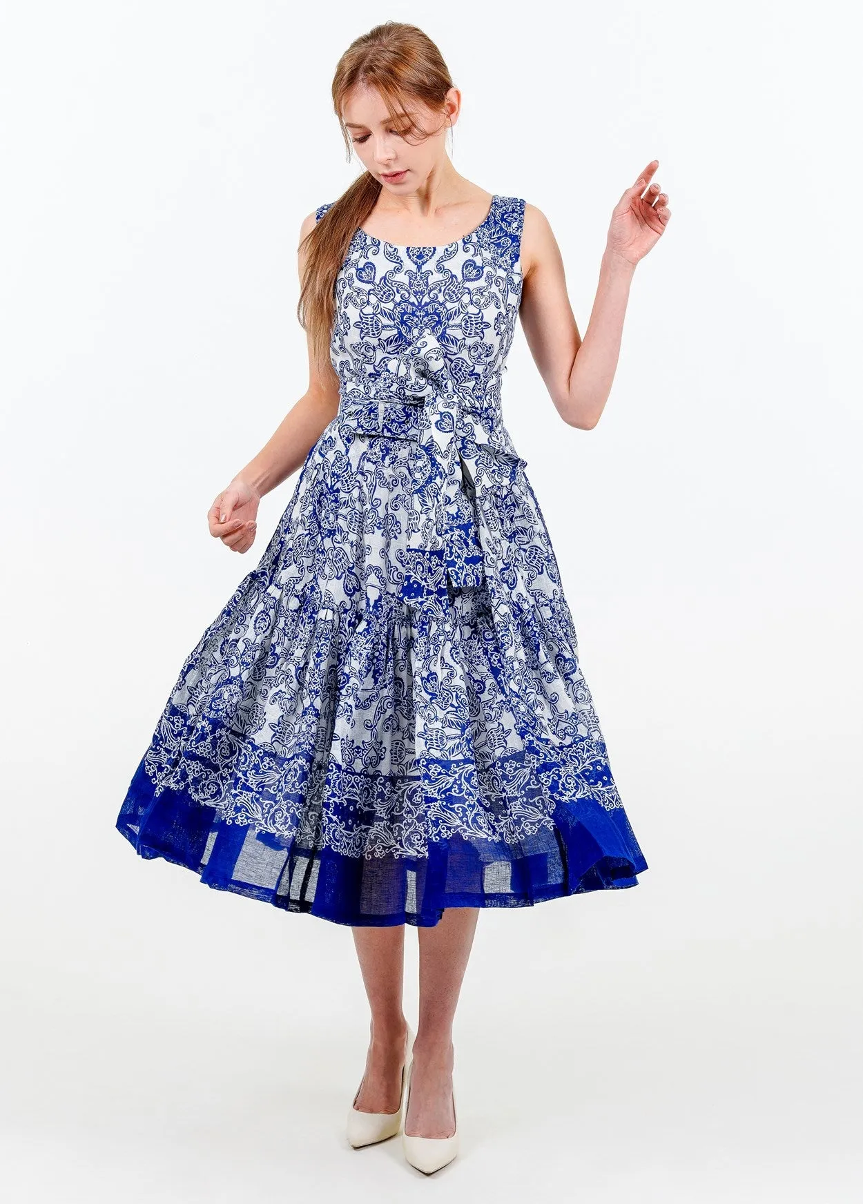 Rose Dress Boat Neck Sleeveless Long Length Linen (Casanova Bandana Small)
