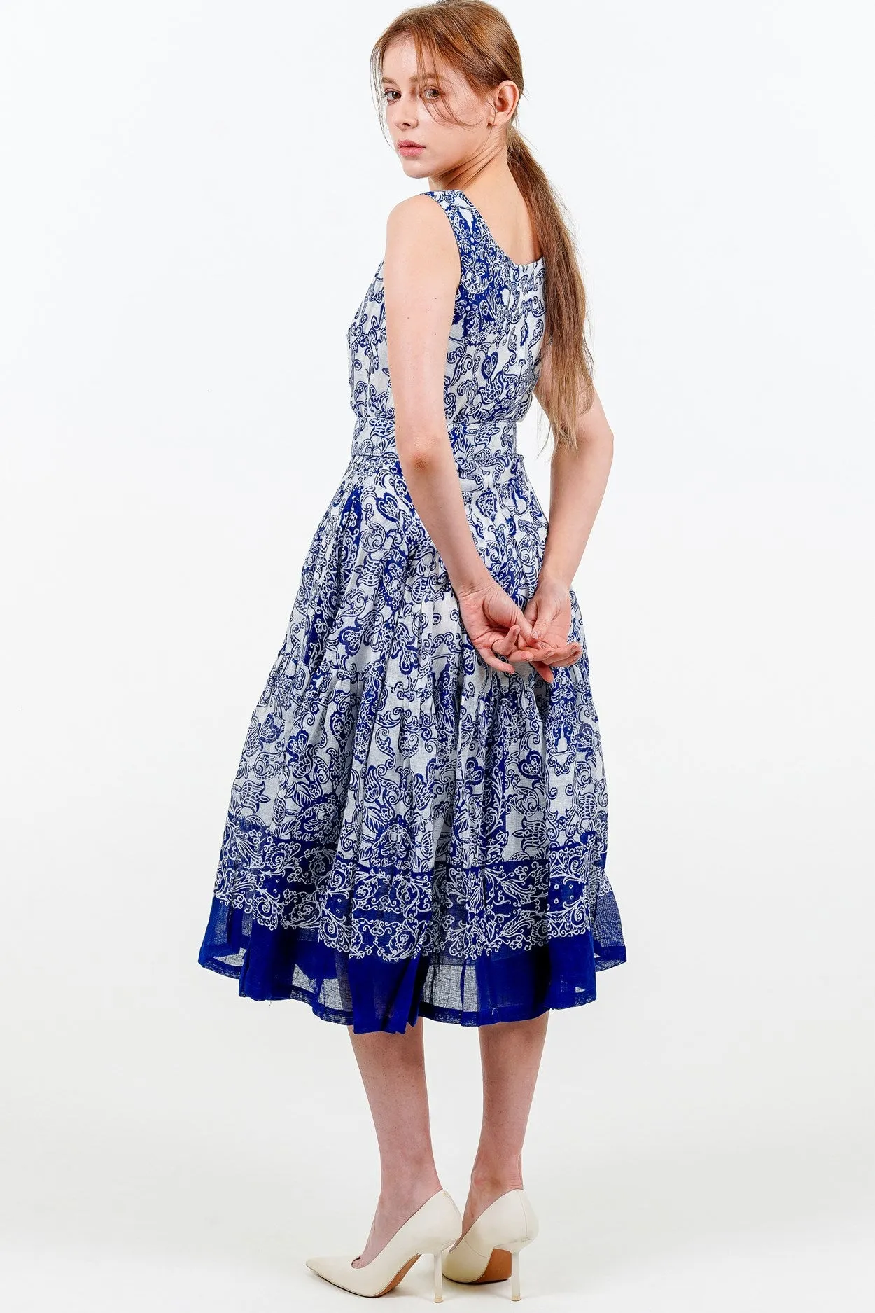 Rose Dress Boat Neck Sleeveless Long Length Linen (Casanova Bandana Small)