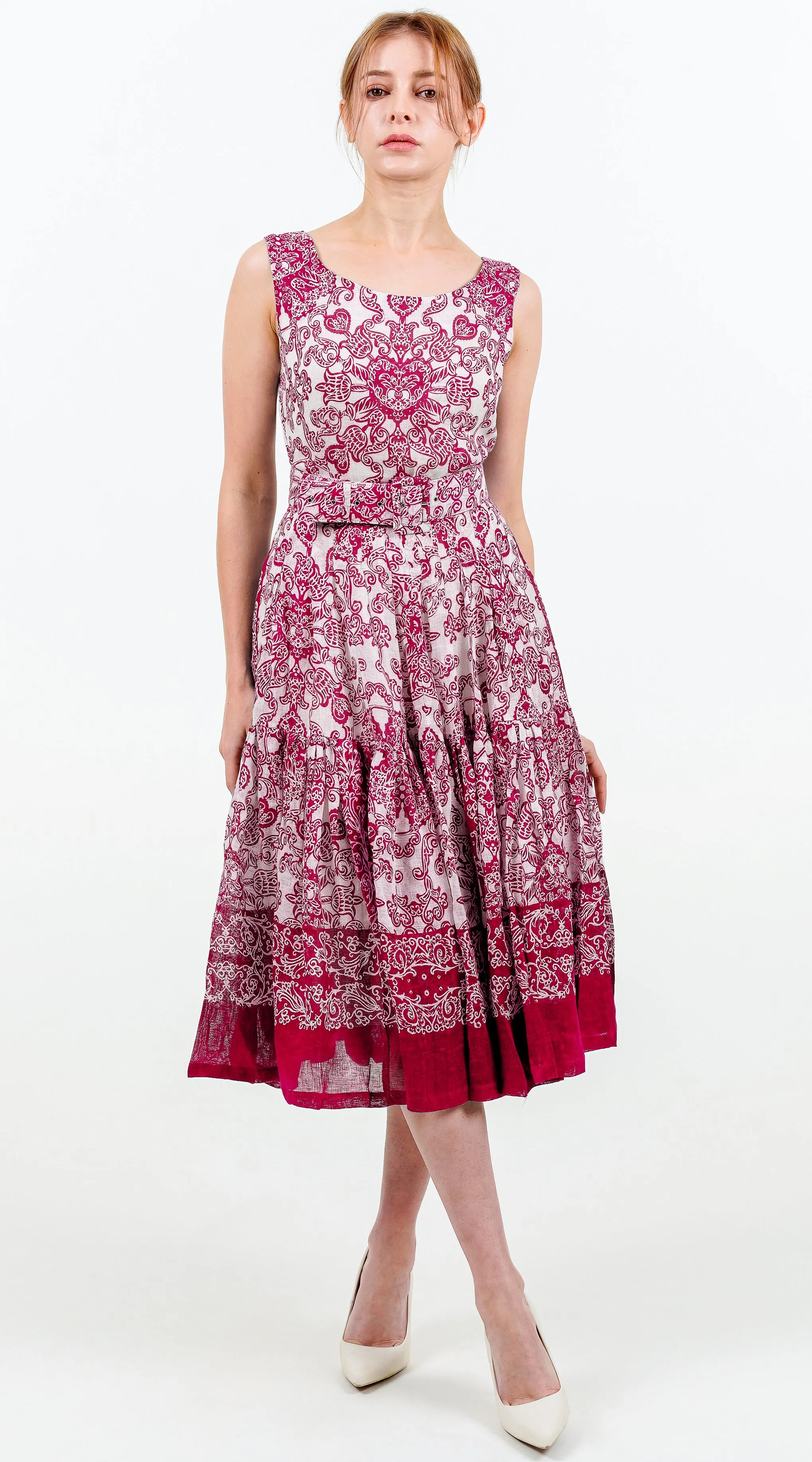 Rose Dress Boat Neck Sleeveless Long Length Linen (Casanova Bandana Small)