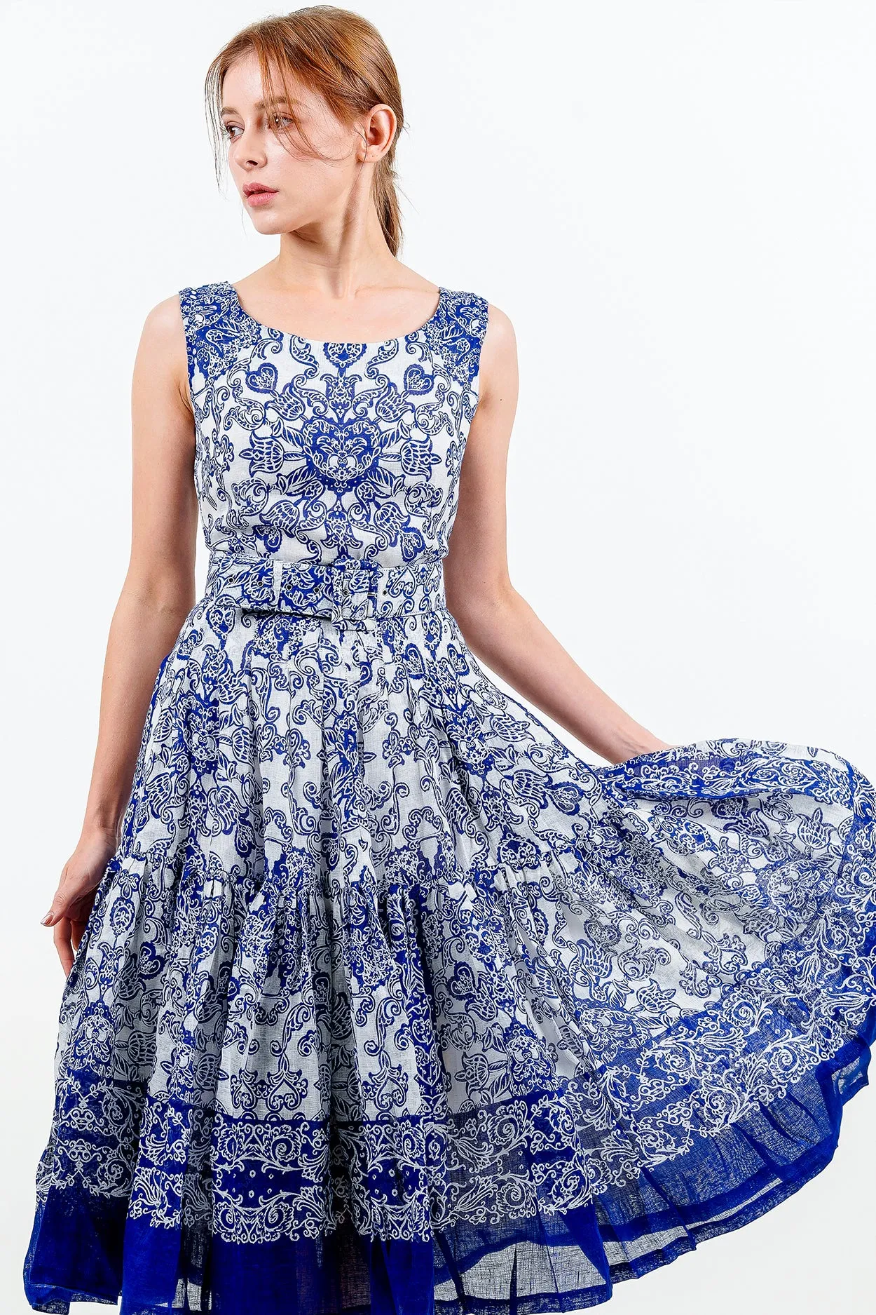 Rose Dress Boat Neck Sleeveless Long Length Linen (Casanova Bandana Small)
