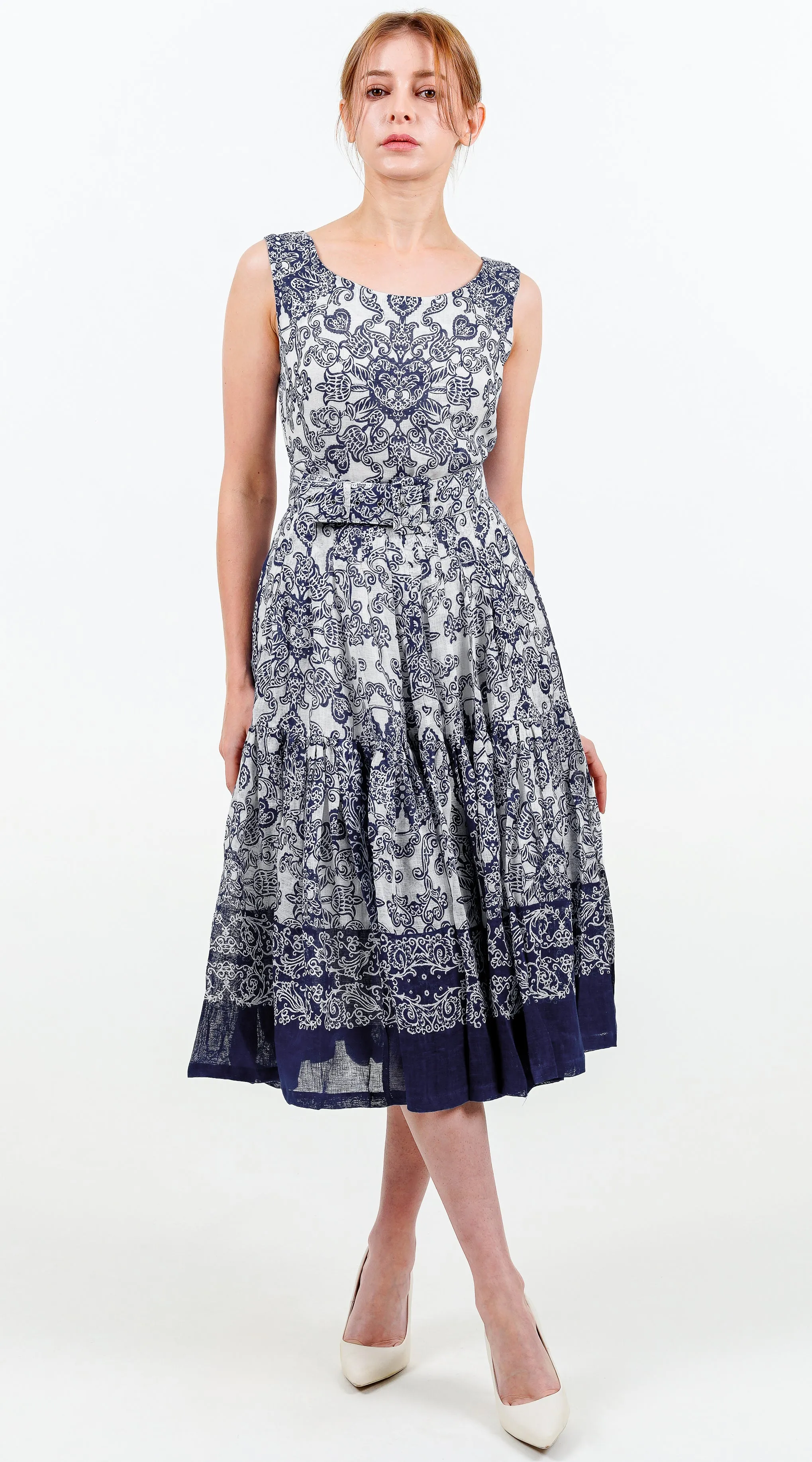 Rose Dress Boat Neck Sleeveless Long Length Linen (Casanova Bandana Small)